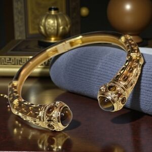 18k Gold Plated Byzantine Filigree Tigers Eye Cabochon Stone Hinged Bracelet